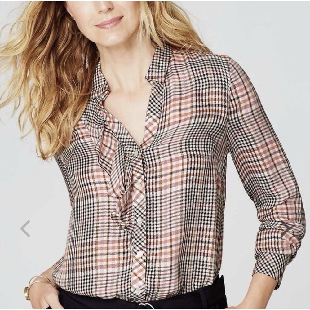 NWT J.Jill Tea Rose Plaid Ruffle Front Blouse Rayon 1X Cottagecore Preppy Boho